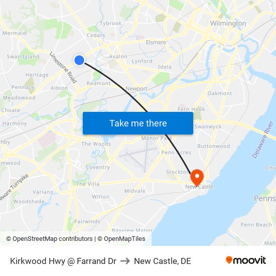 Kirkwood Hwy @ Farrand Dr to New Castle, DE map