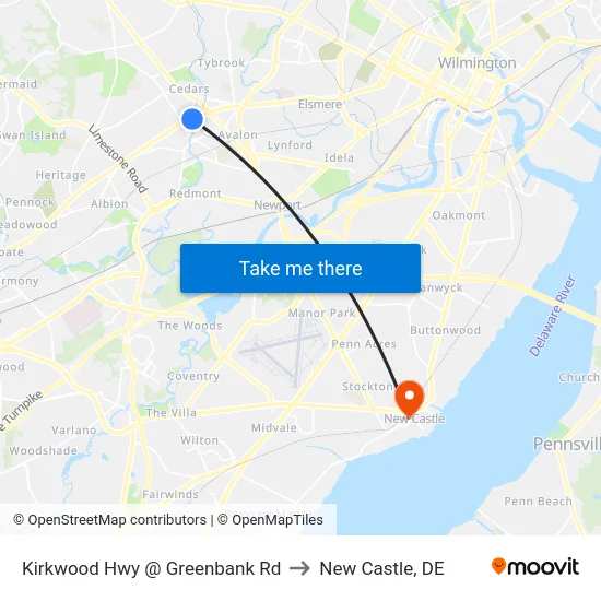 Kirkwood Hwy @ Greenbank Rd to New Castle, DE map