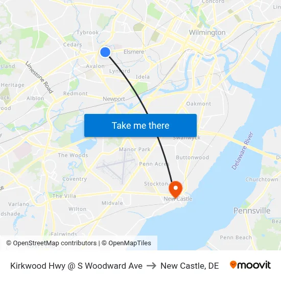 Kirkwood Hwy @ S Woodward Ave to New Castle, DE map