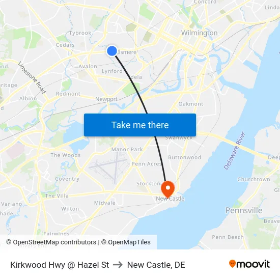 Kirkwood Hwy @ Hazel St to New Castle, DE map