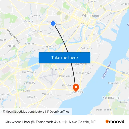 Kirkwood Hwy @ Tamarack Ave to New Castle, DE map