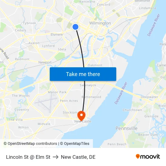 Lincoln St @ Elm St to New Castle, DE map