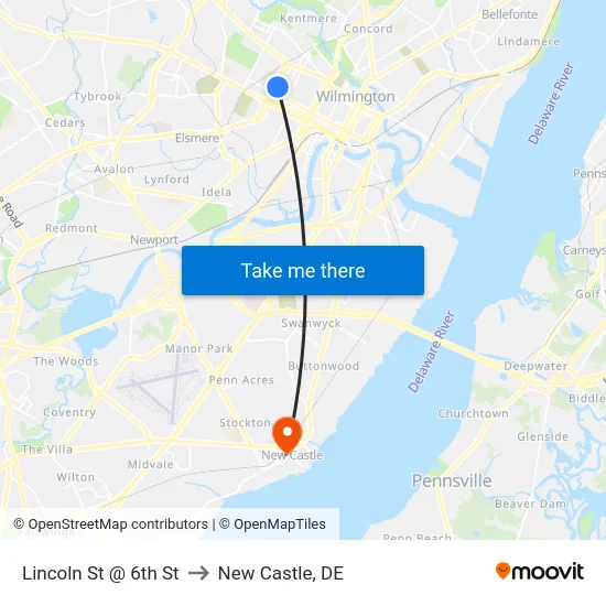Lincoln St @ 6th St to New Castle, DE map