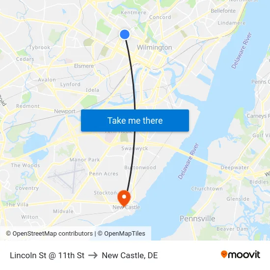 Lincoln St @ 11th St to New Castle, DE map