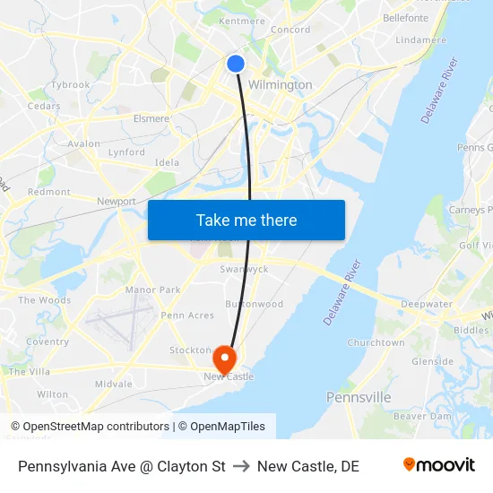Pennsylvania Ave @ Clayton St to New Castle, DE map