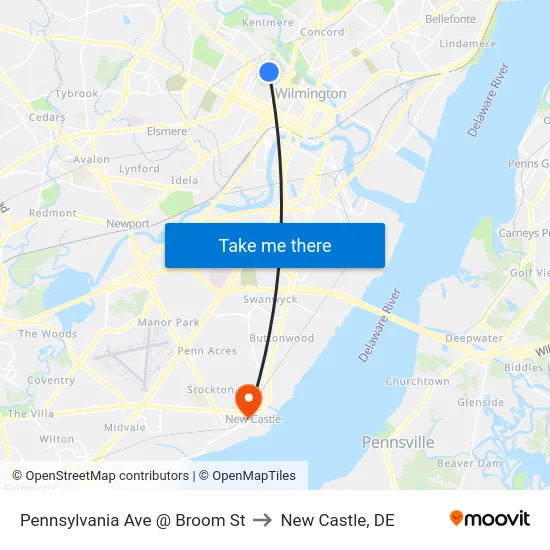 Pennsylvania Ave @ Broom St to New Castle, DE map
