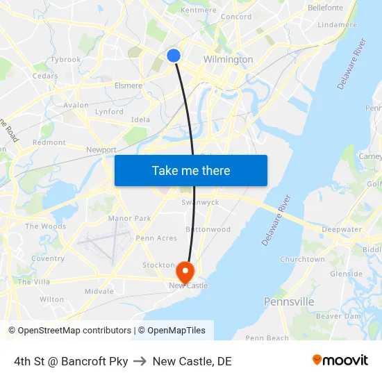 4th St @ Bancroft Pky to New Castle, DE map
