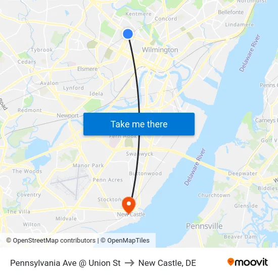 Pennsylvania Ave @ Union St to New Castle, DE map
