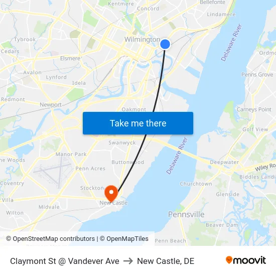 Claymont St @ Vandever Ave to New Castle, DE map