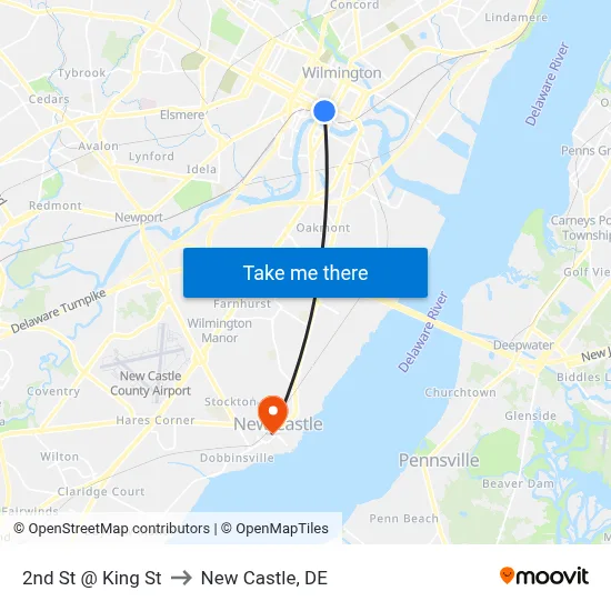 2nd St @ King St to New Castle, DE map