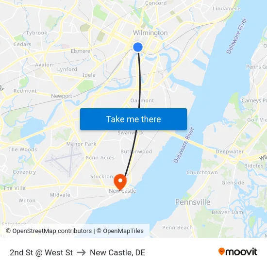 2nd St @ West St to New Castle, DE map