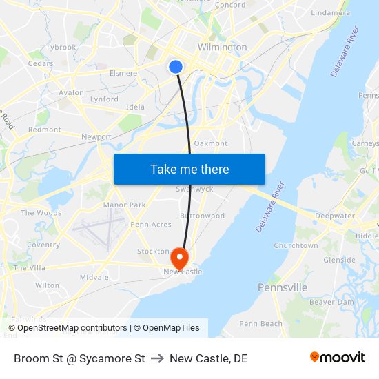 Broom St @ Sycamore St to New Castle, DE map