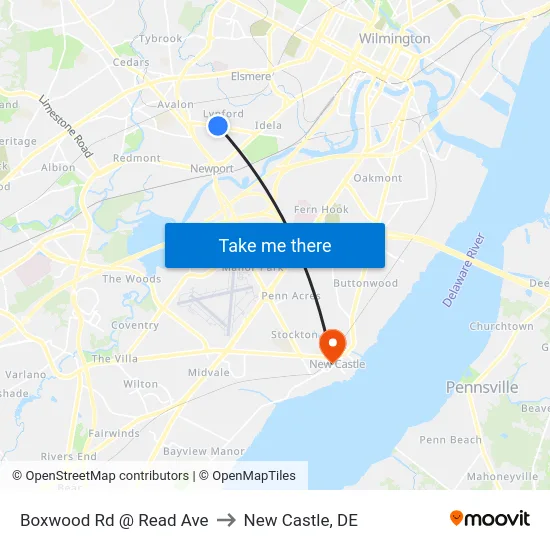 Boxwood Rd @ Read Ave to New Castle, DE map