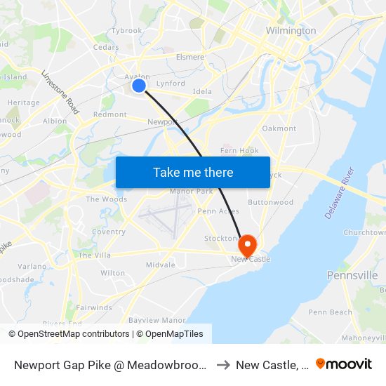 Newport Gap Pike @ Meadowbrook Ave to New Castle, DE map