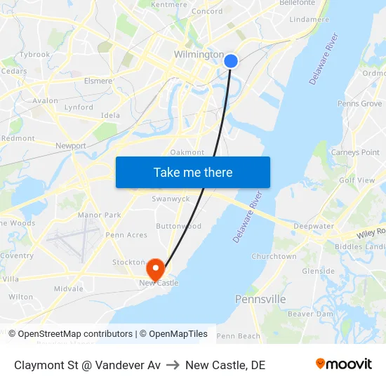 Claymont St @ Vandever Av to New Castle, DE map
