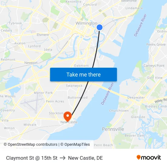 Claymont St @ 15th St to New Castle, DE map