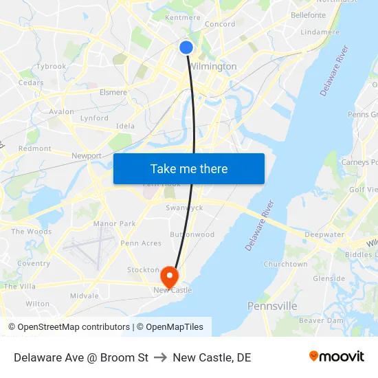 Delaware Ave @ Broom St to New Castle, DE map