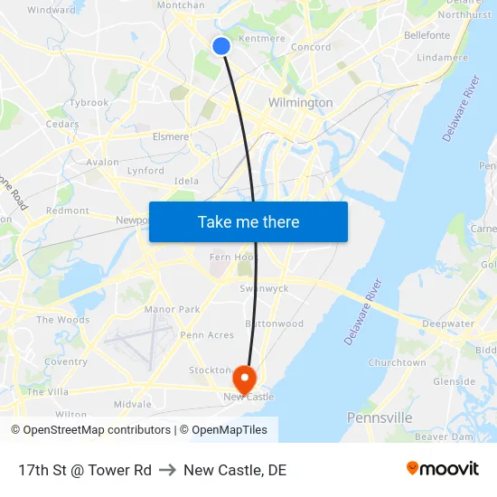 17th St @ Tower Rd to New Castle, DE map
