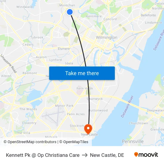 Kennett Pk @ Op Christiana Care to New Castle, DE map