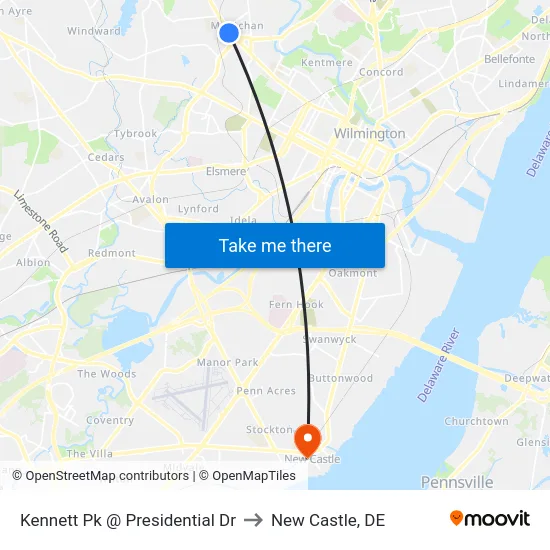 Kennett Pk @ Presidential Dr to New Castle, DE map