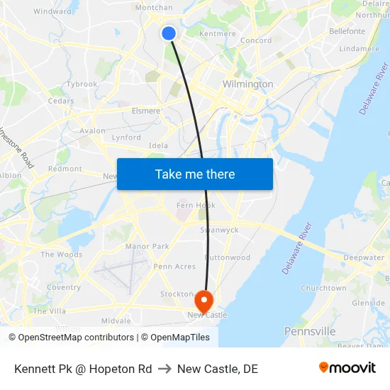 Kennett Pk @ Hopeton Rd to New Castle, DE map