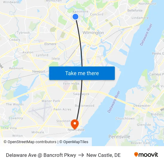 Delaware Ave @ Bancroft Pkwy to New Castle, DE map