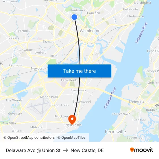 Delaware Ave @ Union St to New Castle, DE map
