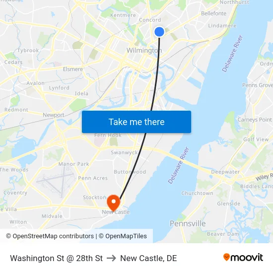Washington St @ 28th St to New Castle, DE map