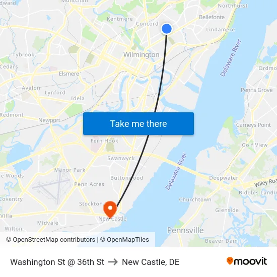 Washington St @ 36th St to New Castle, DE map