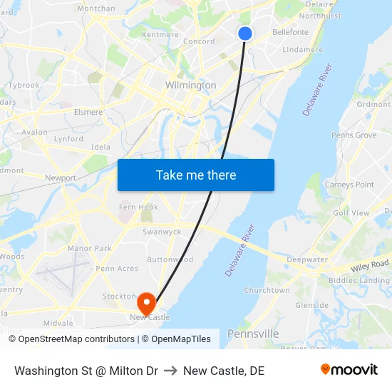Washington St @ Milton Dr to New Castle, DE map