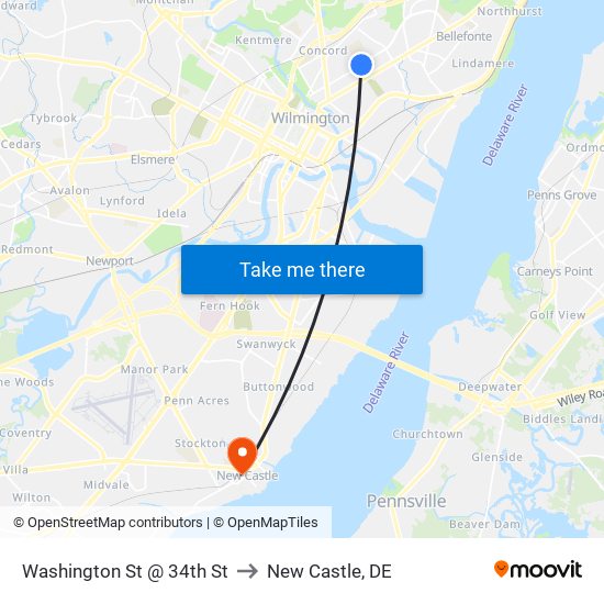 Washington St @ 34th St to New Castle, DE map