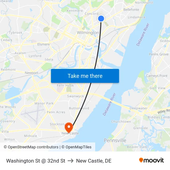 Washington St @ 32nd St to New Castle, DE map