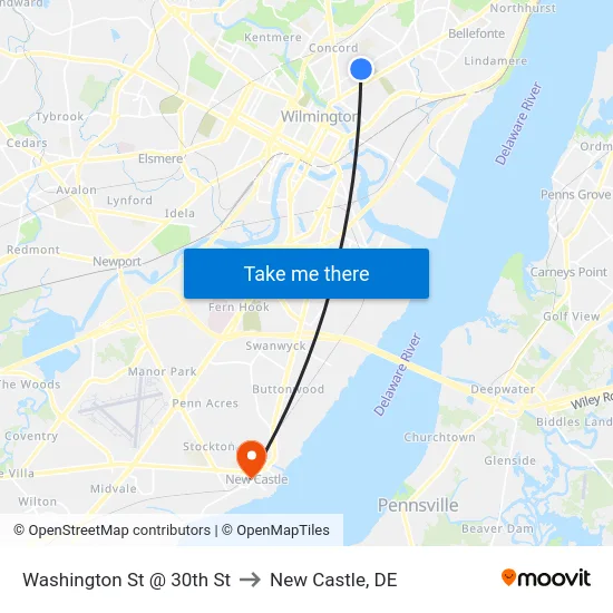 Washington St @ 30th St to New Castle, DE map