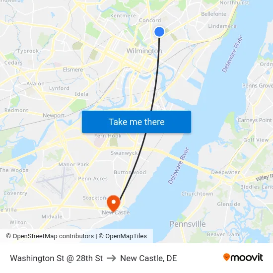 Washington St @ 28th St to New Castle, DE map