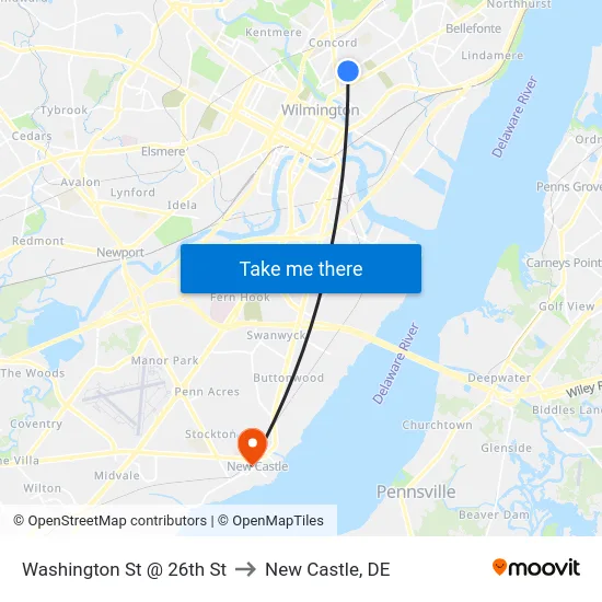 Washington St @ 26th St to New Castle, DE map