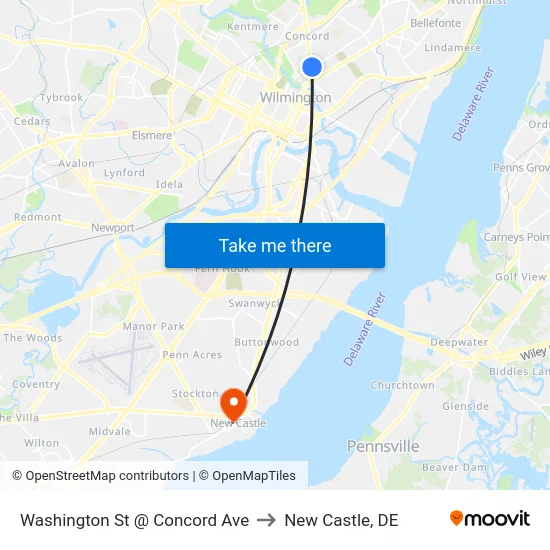Washington St @ Concord Ave to New Castle, DE map