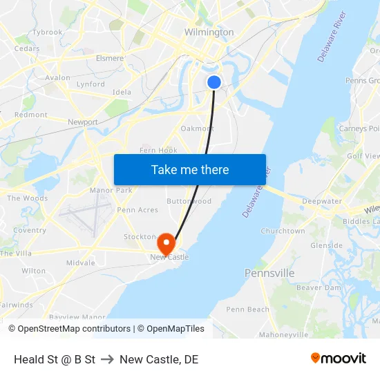 Heald St @ B St to New Castle, DE map