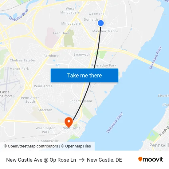 New Castle Ave @ Op Rose Ln to New Castle, DE map