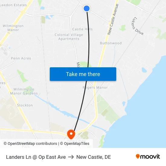 Landers Ln @ Op East Ave to New Castle, DE map