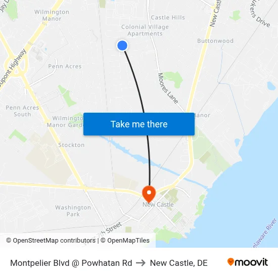 Montpelier Blvd @ Powhatan Rd to New Castle, DE map