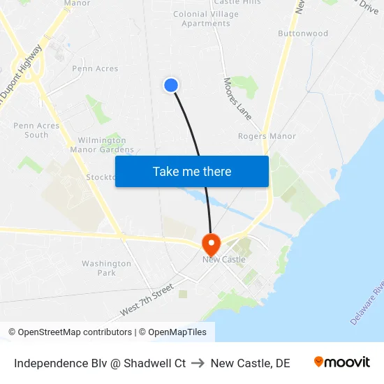 Independence Blv @ Shadwell Ct to New Castle, DE map
