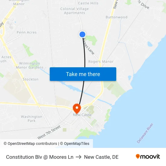 Constitution Blv @ Moores Ln to New Castle, DE map