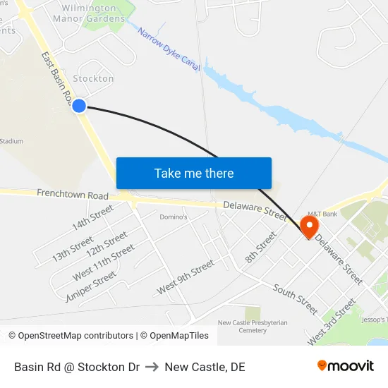 Basin Rd @ Stockton Dr to New Castle, DE map