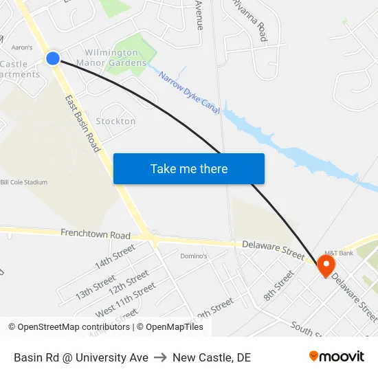Basin Rd @ University Ave to New Castle, DE map