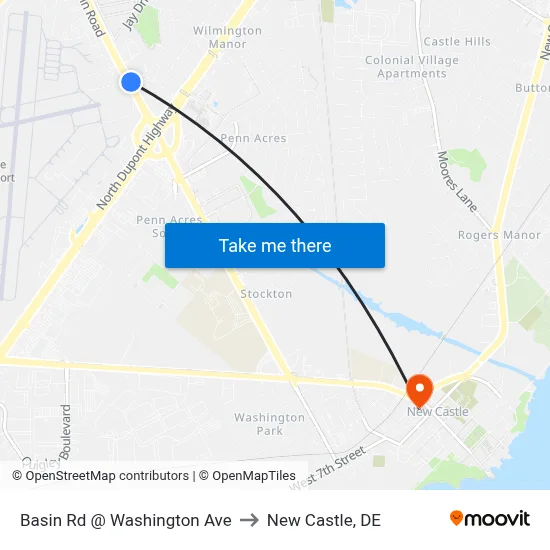 Basin Rd @ Washington Ave to New Castle, DE map