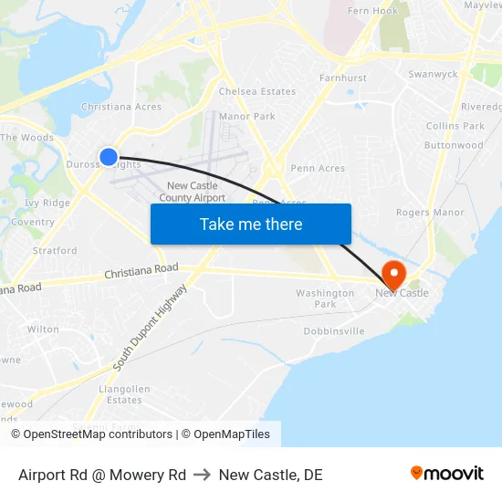 Airport Rd @ Mowery Rd to New Castle, DE map