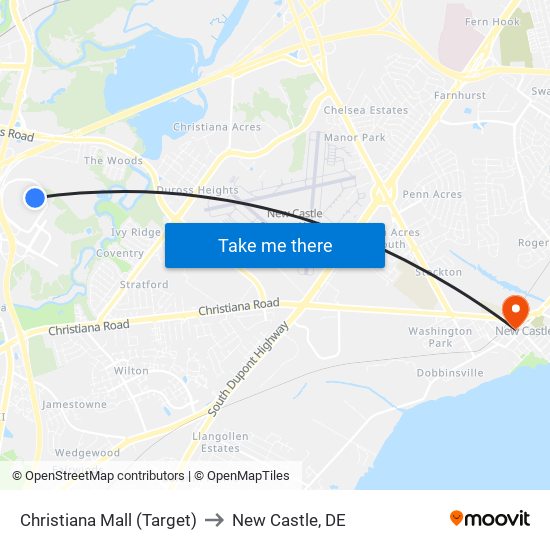 Christiana Mall (Target) to New Castle, DE map
