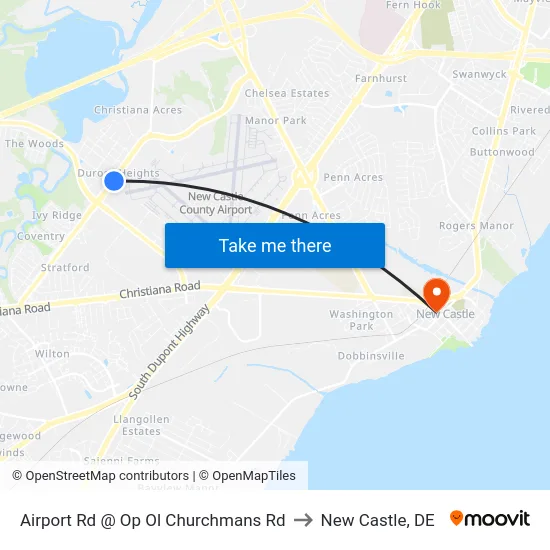 Airport Rd @ Op Ol Churchmans Rd to New Castle, DE map