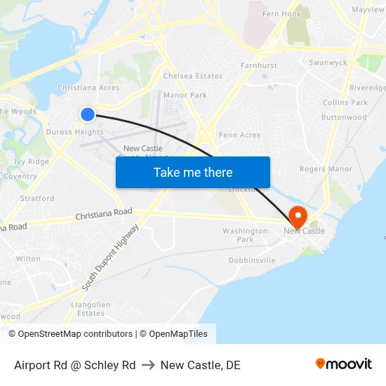 Airport Rd @ Schley Rd to New Castle, DE map