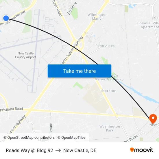 Reads Way @ Bldg 92 to New Castle, DE map